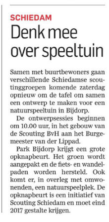 In het Algemeen Dagblad/Rotterdams Dagblad, katern Waterweg, werd op 16 juni 2015 de ontwerpsessies van de natuurspeeltuin aangekondigd. De welpen van de Scouting Tono-groep mochten het eerste ontwerp maken