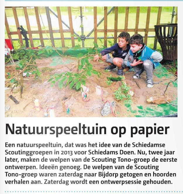 Een natuurspeeltuin, dat was het idee van Scouting Schiedam voor SchiedamDoen. De welpen van de Scouting Tono-groep mochten als eerste een ontwerp maken