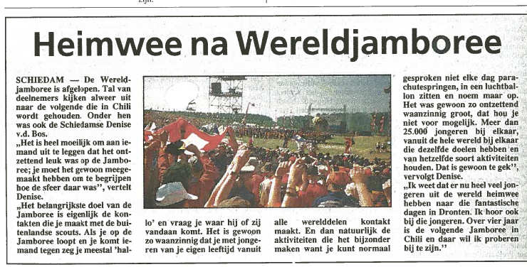 De voorpagina van de Maaspost van 16 augustus 1995. Het persbericht was verstuurd vanaf de Wereldjamboree in Dronten