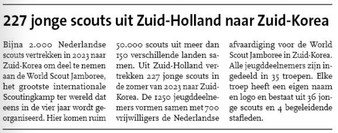 Op pagina 5 van het Nieuwe Stadsblad een artikel over de komende Wereld Jamboree
