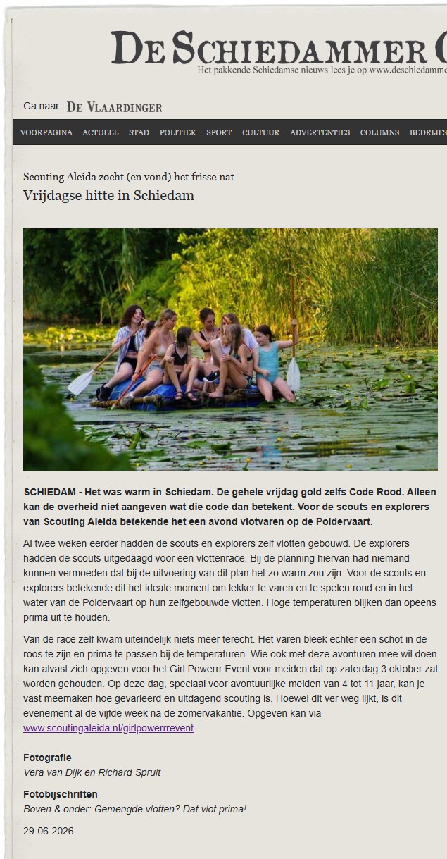 De scouts en explorers van Scouting Aleida Schiedam hielden een vlottentocht. Verschillende nieuwssites berichten hierover