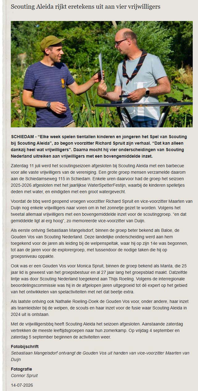 Online nieuwssites Schiedam24 en De Schiedammer Online plaatsten een bericht over de vier eretekens die vrijwilligers van Scouting Aleida Schiedam uitgereikt kregen